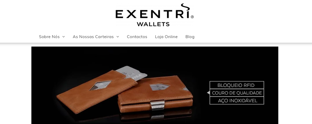 Site da Exentri Wallets em Portugal com banner inicial