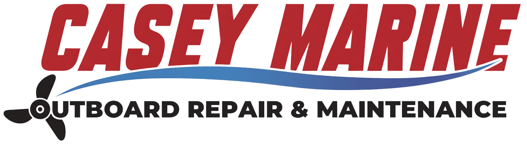 Casey Marine logo: Red text over a blue curve, with a propeller graphic.