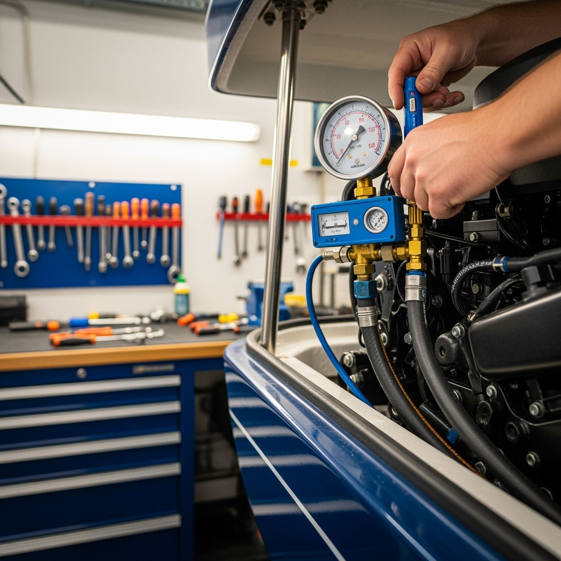 Mechanic servicing a boat engine with a pressure gauge in a workshop.