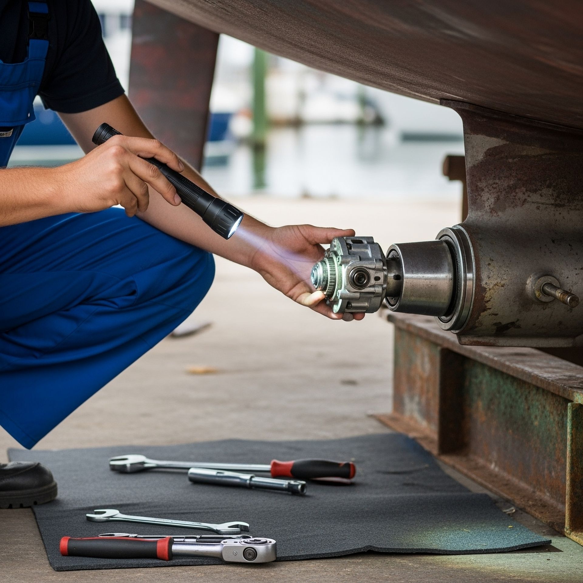 Mechanic in blue overalls inspecting a boat's propeller shaft with a flashlight, tools on mat.
