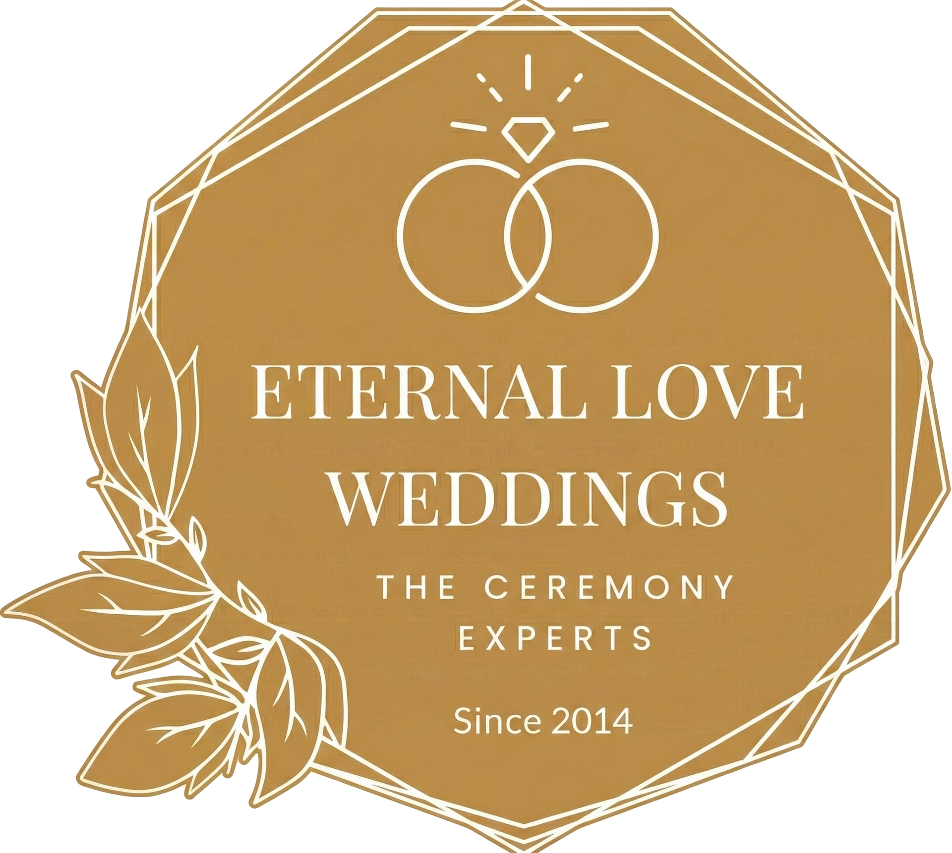 A gold hexagonal logo with interlocking rings, a diamond, and floral accents, reading