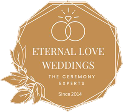 Logo for Eternal Love Weddings, featuring rings and floral elements in a gold-toned octagon shape.
