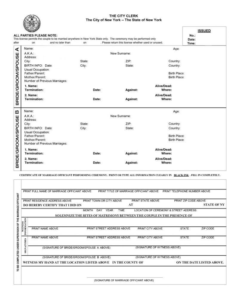 An official marriage certificate form with sections for bride and groom details, witness information, and signatures.