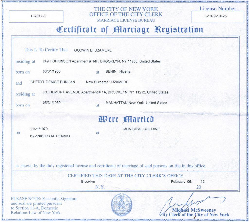 A Certificate of Marriage Registration issued by the New York City Clerk for two individuals married on February 14, 2020.