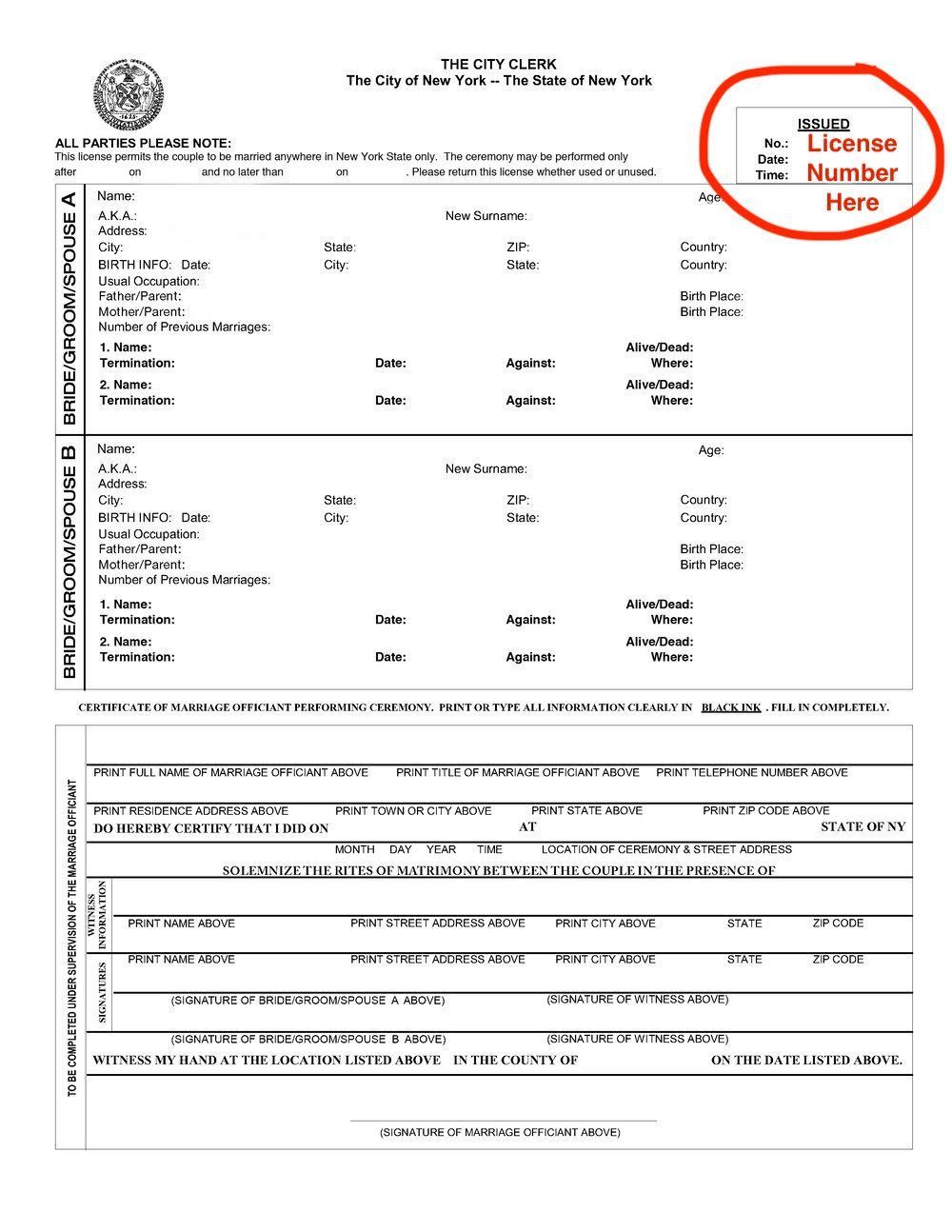 A blank marriage license application form with a red circle highlighting the area for the license number.