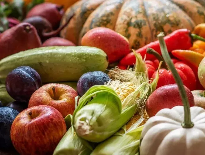 Close-up of a colorful harvest: pumpkins, corn, apples, plums, zucchini, peppers.
