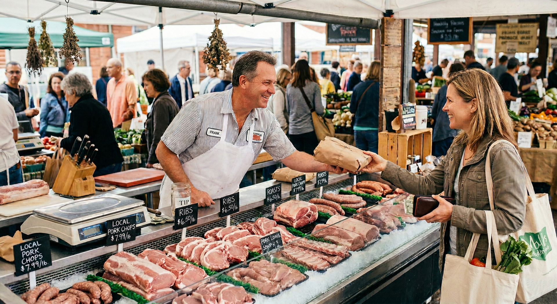 A butcher in a white apron hands a wrapped package to a customer at a busy, outdoor fresh meat market stall.