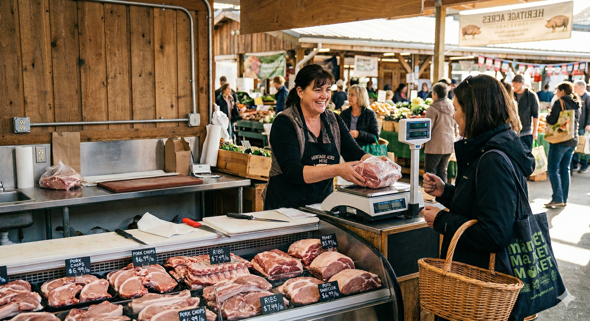 A vendor weighs raw meat on a scale for a customer at a rustic wooden market stall filled with various cuts of meat.
