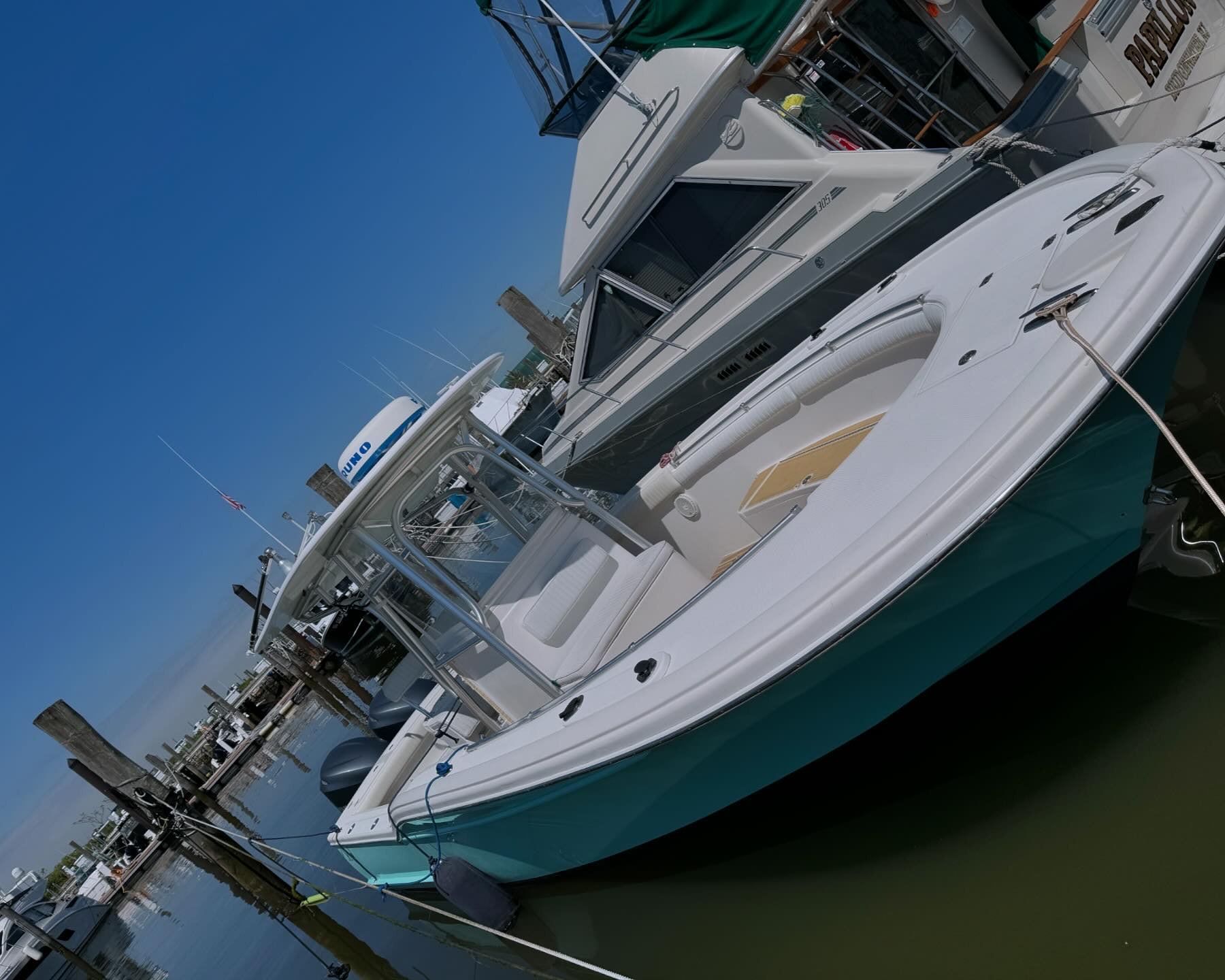 A blue and white boat is docked in a marina.