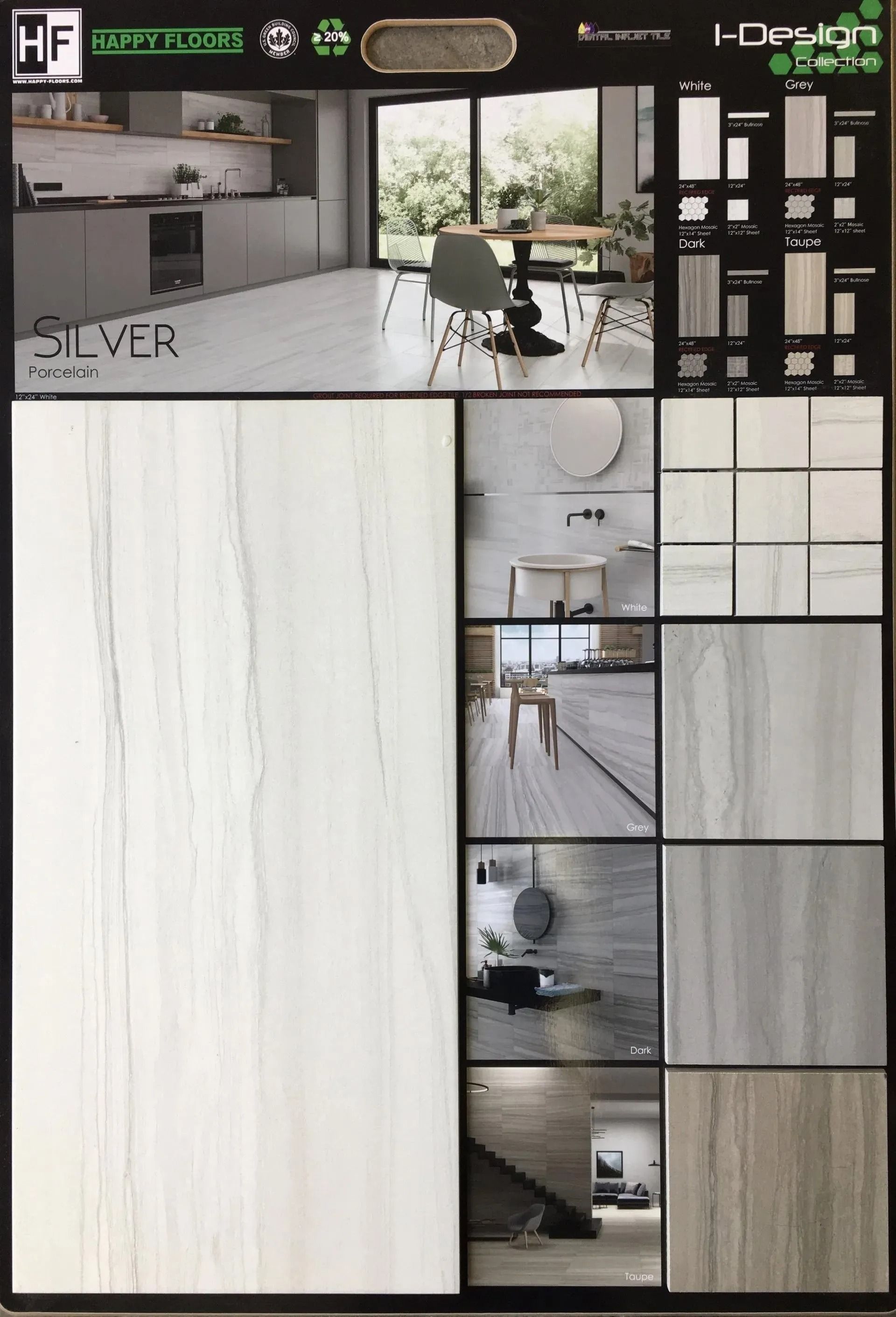 Flooring catalog page with white wood-look panel and small interior room samples in gray and beige.