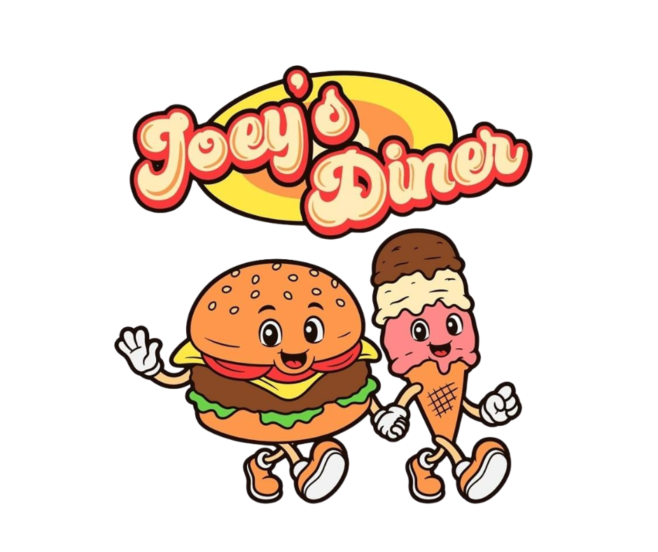 Joey's Diner logo with a cartoon burger and ice cream cone holding hands. Bright colors, retro style.