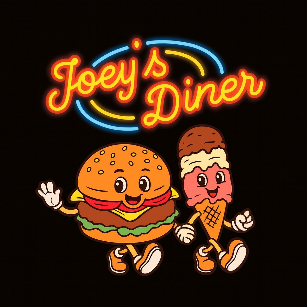 Joey's Diner sign with burger and ice cream cone characters holding hands and smiling.