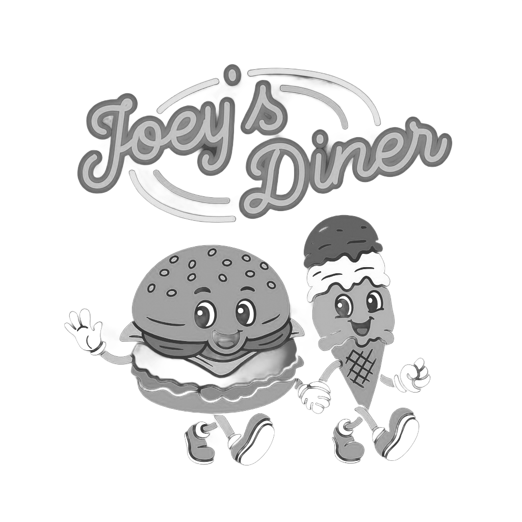 Joey's Diner logo: Smiling burger and ice cream cone characters with the diner's name above.