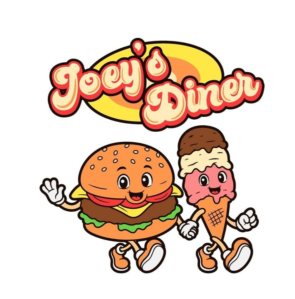Joey's Diner logo: Cheerful burger and ice cream cone characters hold hands. Retro sign above.