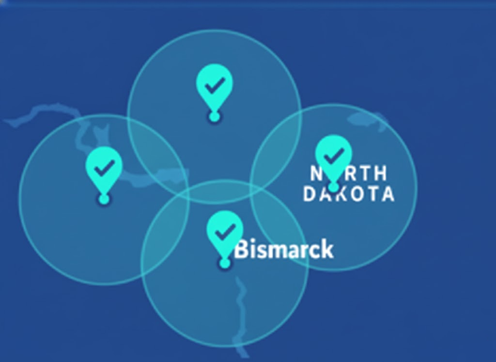 Four location markers with checkmarks, overlapping in North Dakota and near Bismarck.