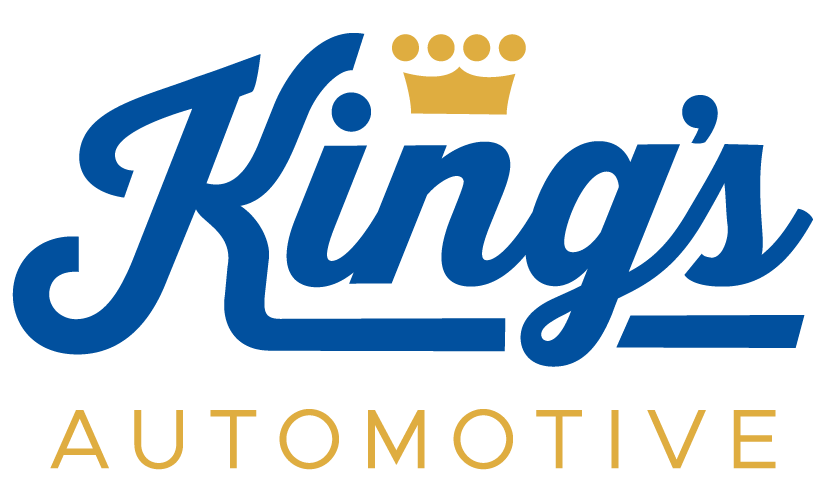 King's Automotive logo with blue cursive text, a gold crown, and gold
