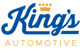 King's Automotive logo with blue cursive text, a gold crown, and gold