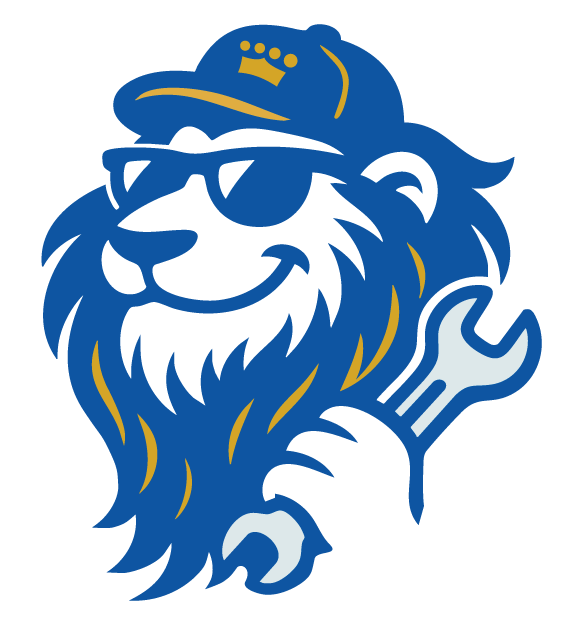 Blue lion with sunglasses and a hat holding a wrench.