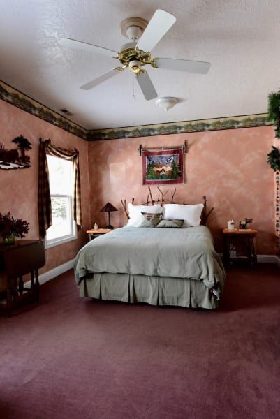 A bedroom with a bed and a ceiling fan