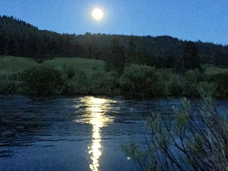 A full moon shines over a body of water