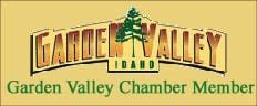 The garden valley chamber member logo is on a yellow background.