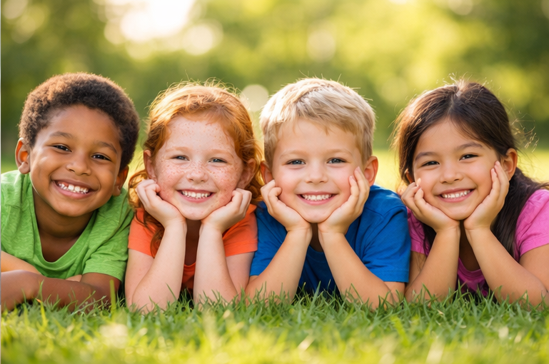 Kids laying in the grass smiling