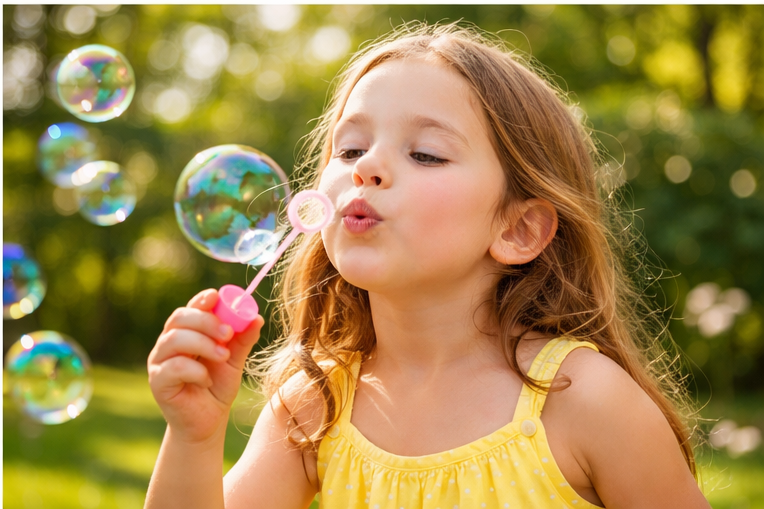 girl blowing bubbles outside