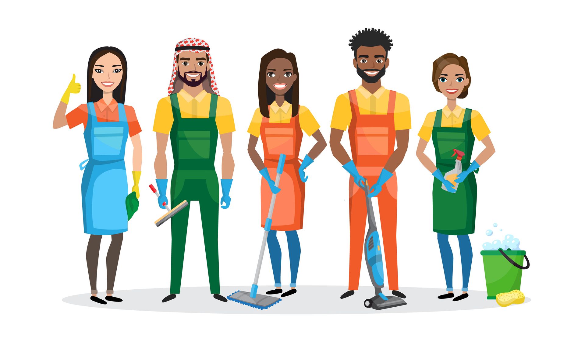 A group of cleaners are standing next to each other holding cleaning supplies.