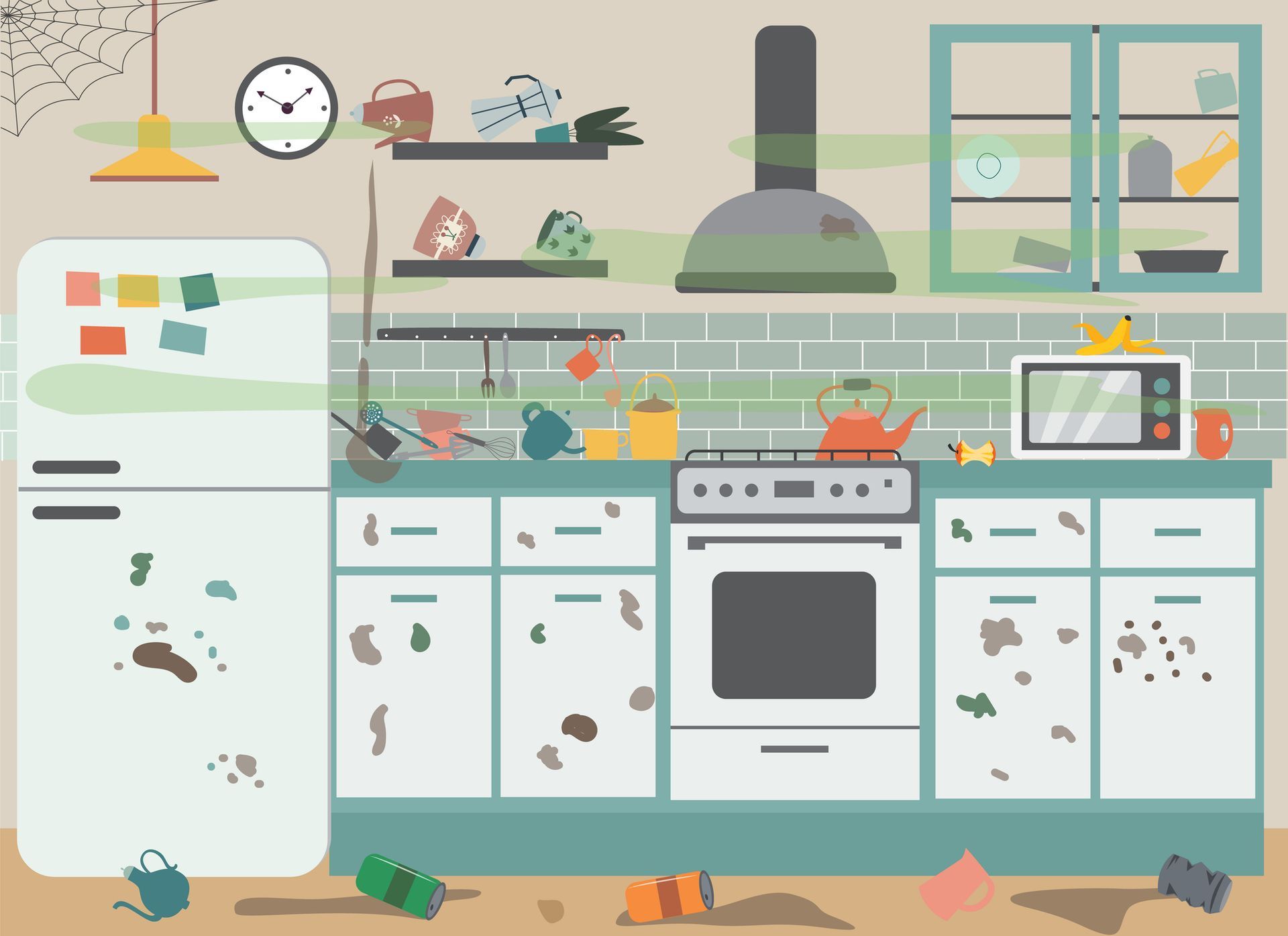 An illustration of a messy kitchen with a refrigerator , stove , oven and microwave.