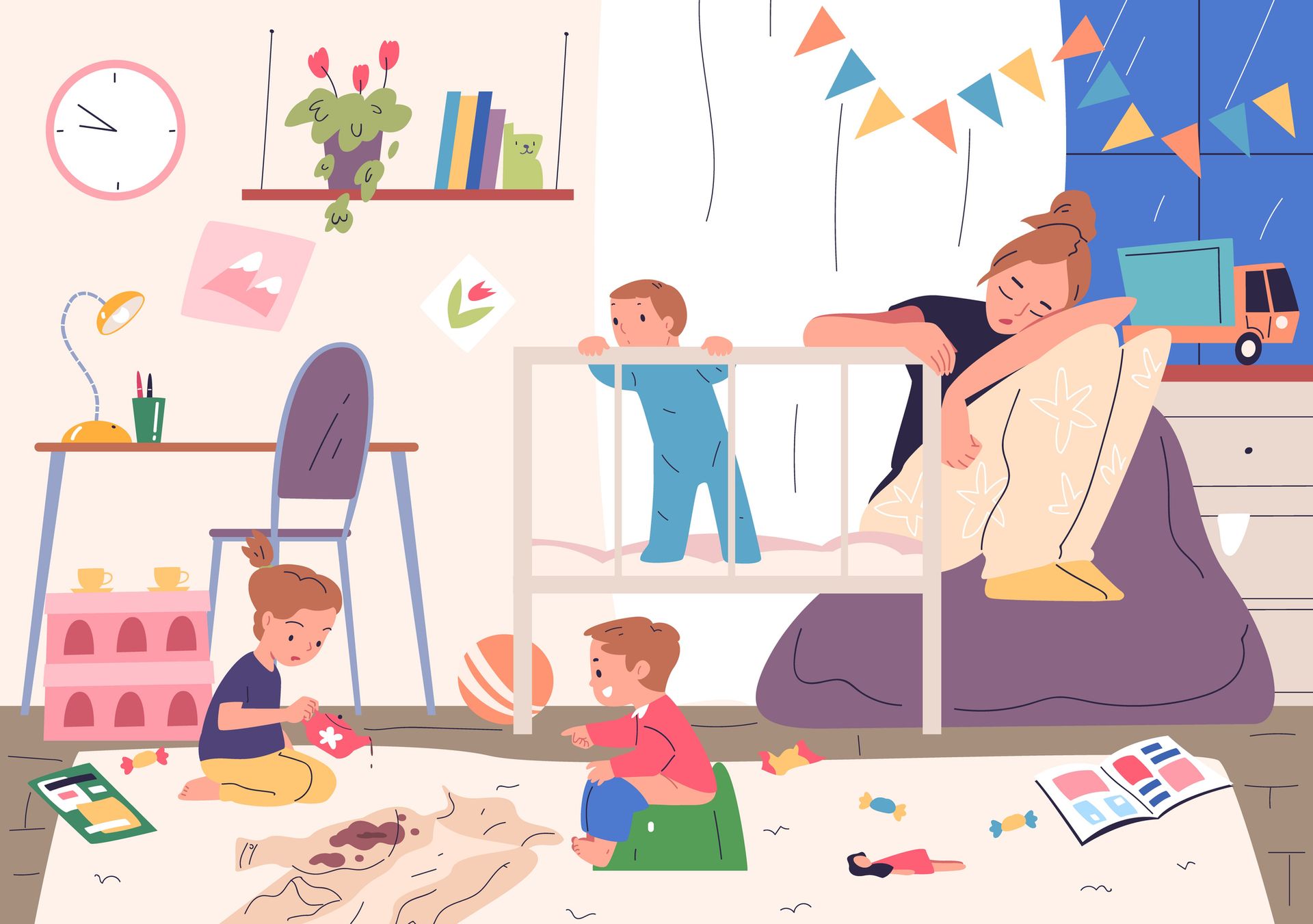 A woman is laying on a bed while two children play in a messy room.