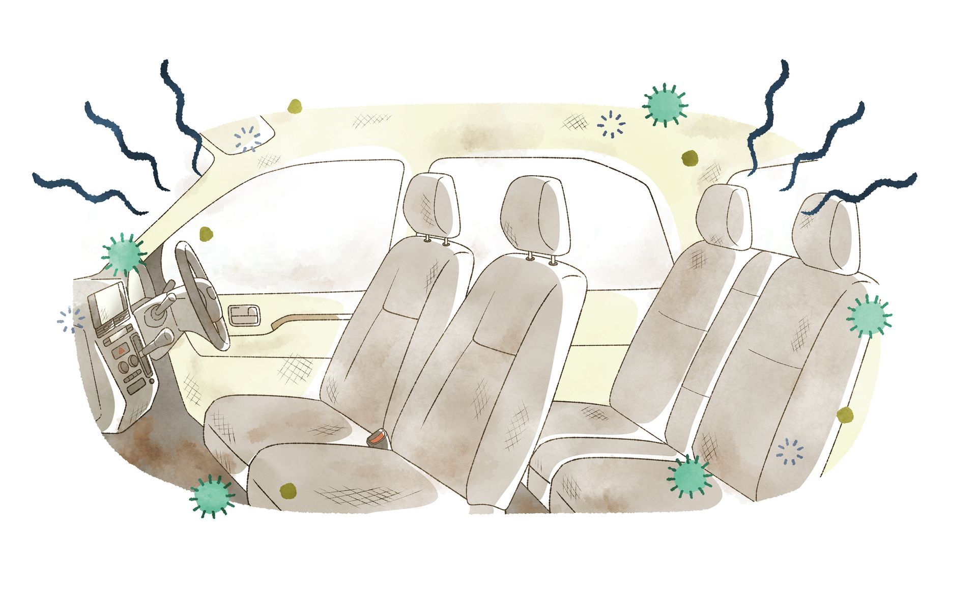 A drawing of a car with bacteria growing on the seats.