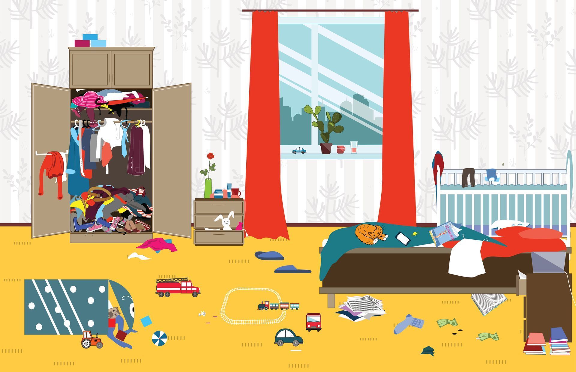 A cartoon illustration of a messy bedroom with a bed , wardrobe , and crib.
