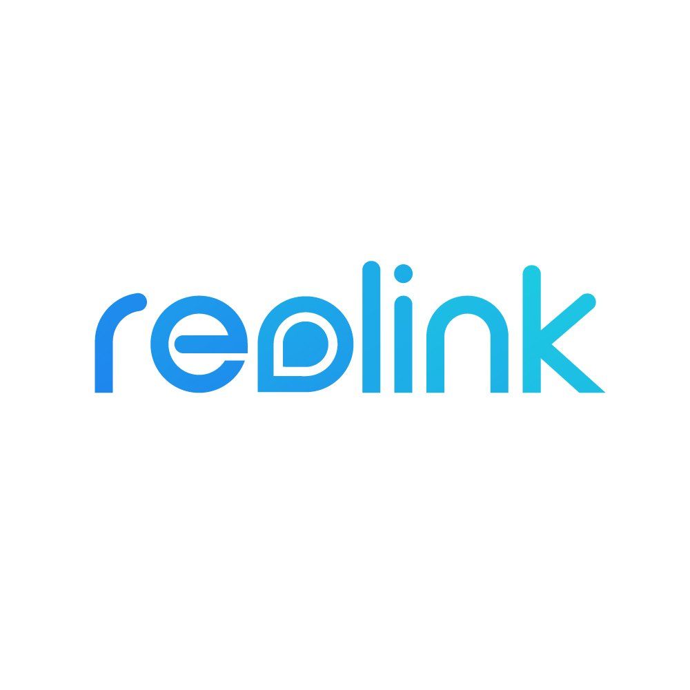 Reolink logo: Blue gradient text with a stylized camera icon.