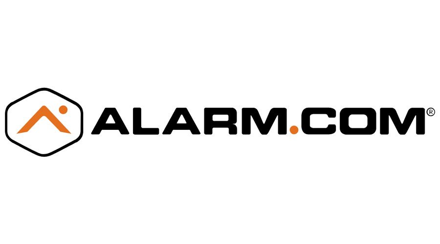 Alarm.com logo: Hexagon with orange mountain and person icon, black text 