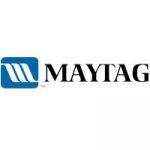 Logotipo de Maytag: Cuadrado azul con líneas onduladas, texto negro.