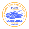 Circular logo for Schilling's Towing in Oregon, featuring a blue tow truck and contact info in a yellow and white design.