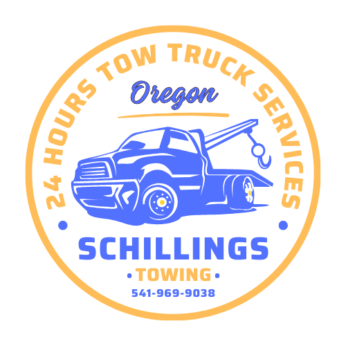 Circular logo for Schilling's Towing in Oregon, featuring a blue tow truck and contact info in a yellow and white design.