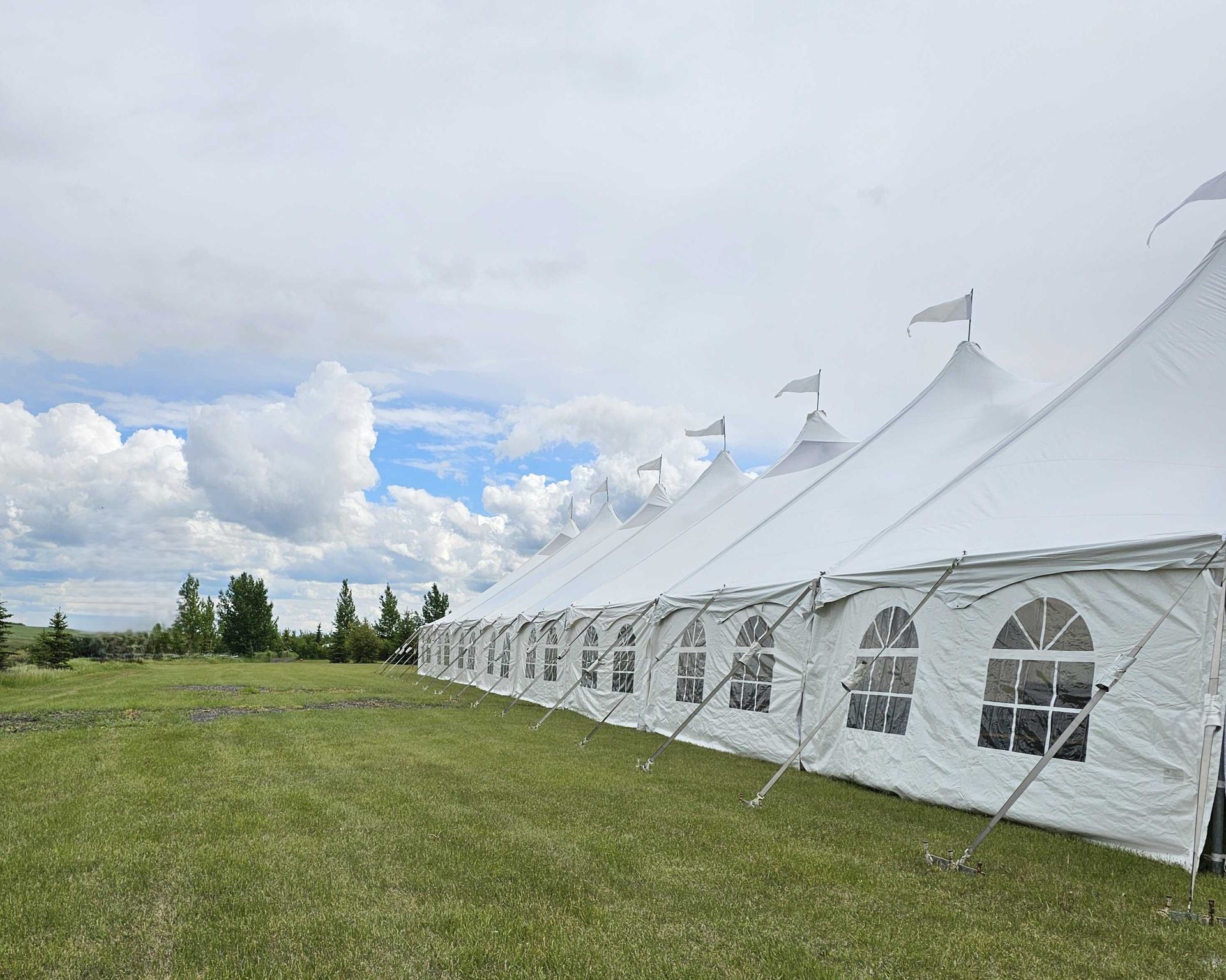 A large white tent is sitting in the middle of a grassy field.