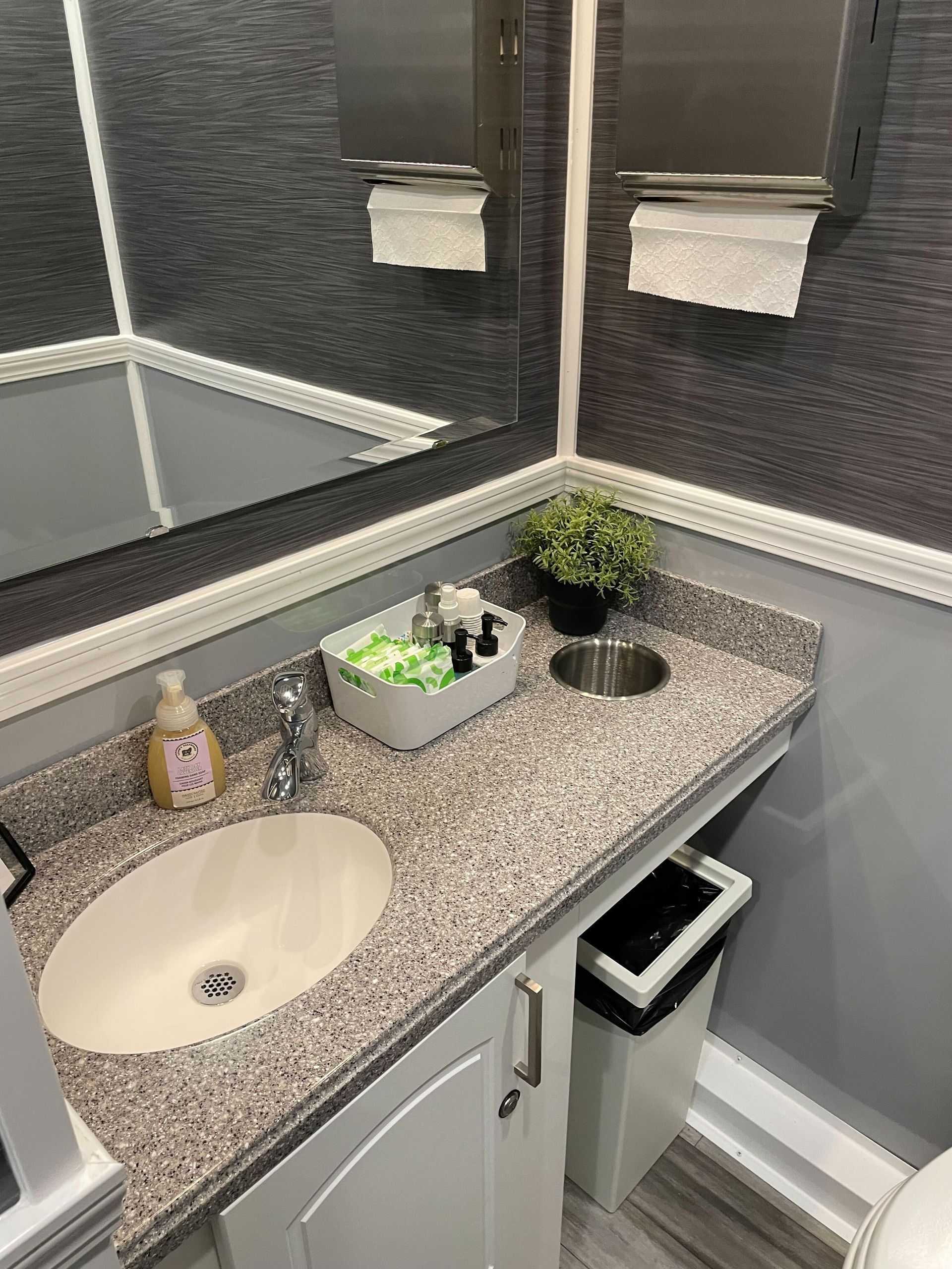 A bathroom with a sink , toilet and mirror.