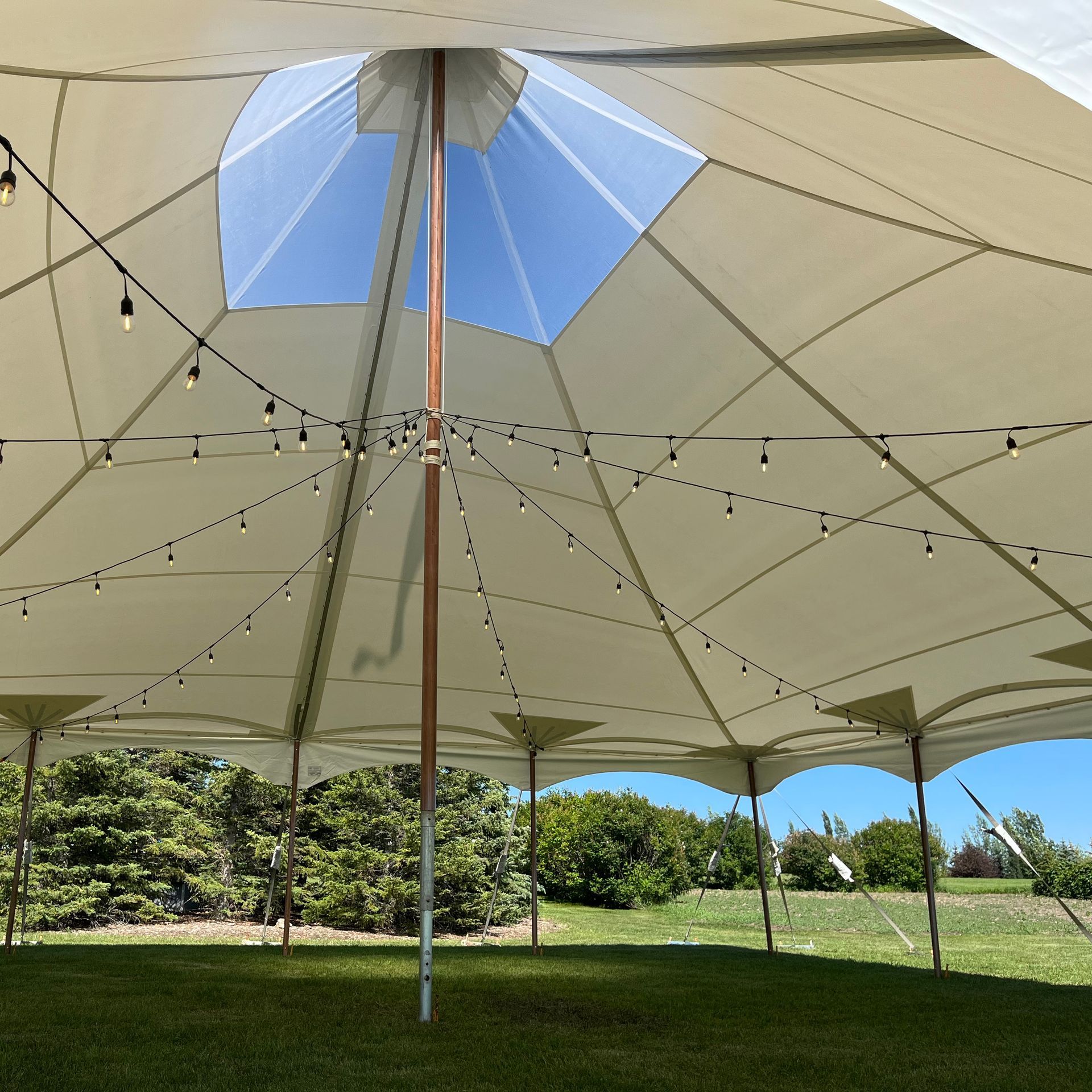 A large white tent with lights hanging from the ceiling