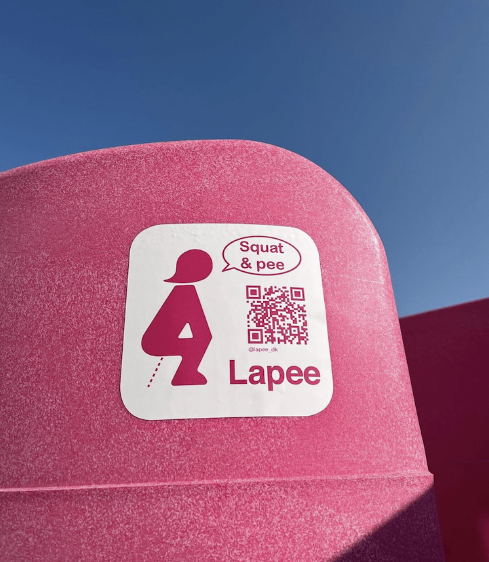 A pink squat and pee lapee container with a blue sky in the background