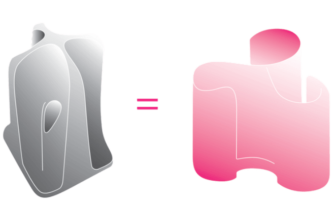 A drawing of a gray object next to a drawing of a pink object