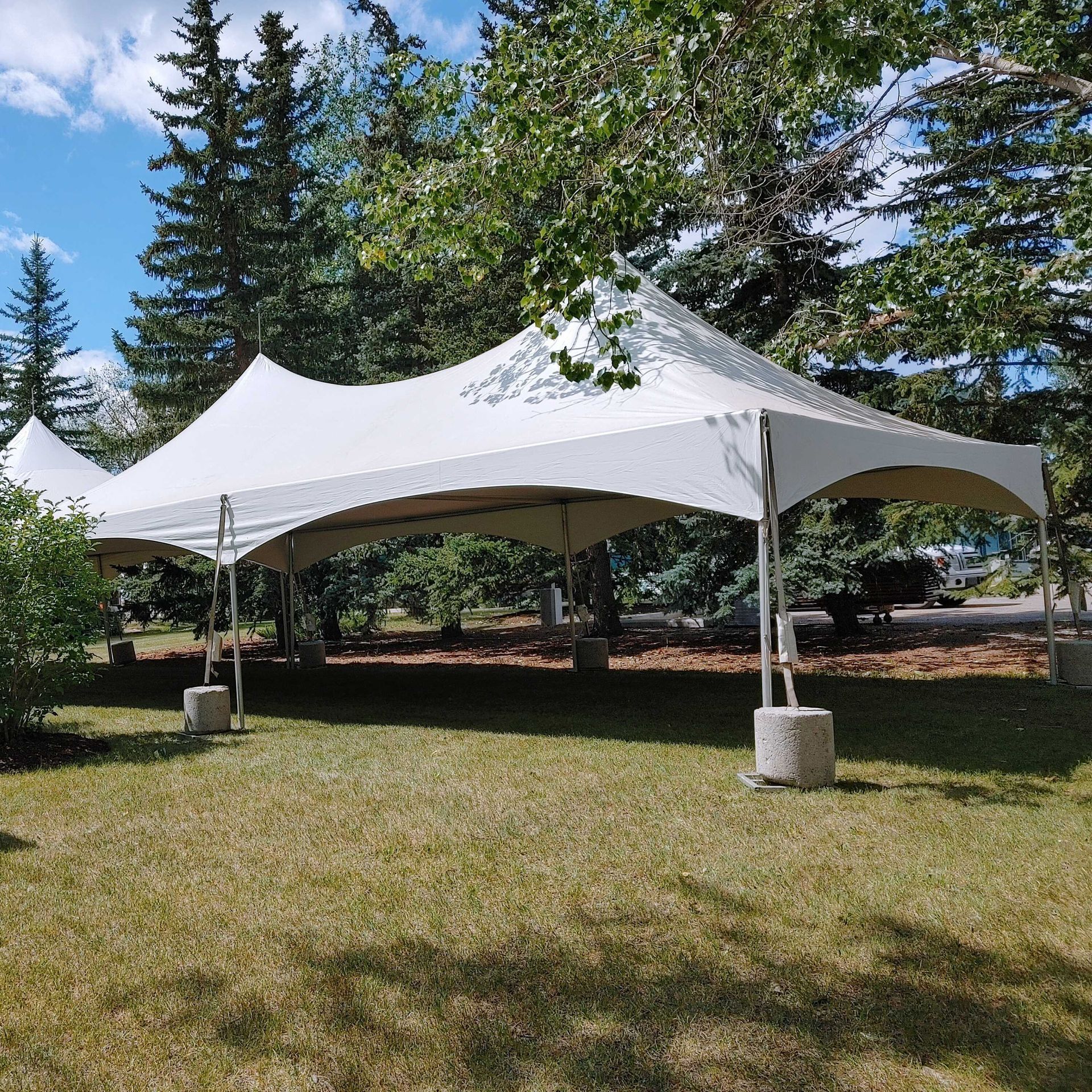 A large white tent is sitting in the middle of a grassy field.