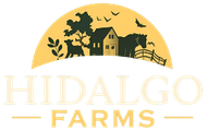 Hidalgo Farms logo: a farm scene inside a yellow half-circle with a house, animals, and the name below.