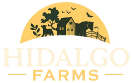 Hidalgo Farms logo: a farm scene inside a yellow half-circle with a house, animals, and the name below.