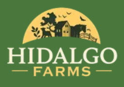 Logo for Hidalgo Farms: a farm scene within a yellow sun on a green background.