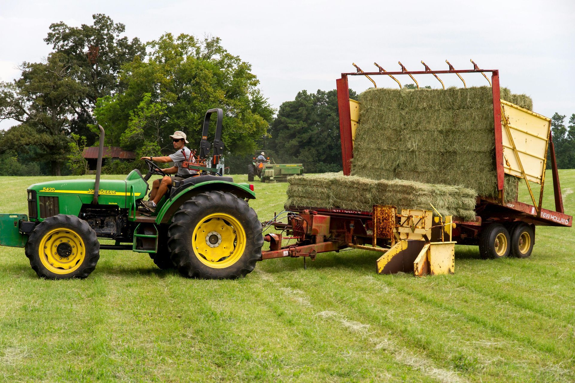 A person drives a green John Deere tractor pulling a trailer loaded with stacked hay bales in a grassy field.