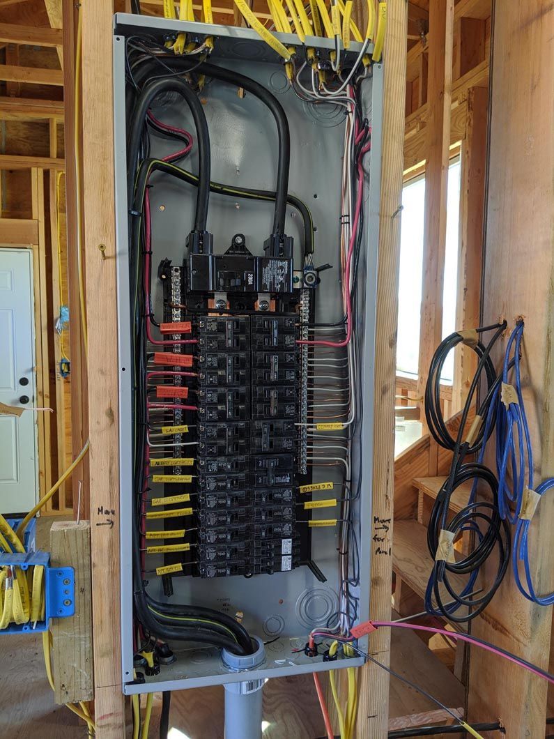 A electrical panel is being installed in a house under construction.