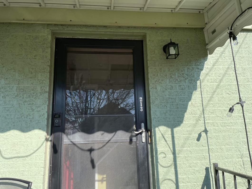 A black screen door is on the side of a green house.