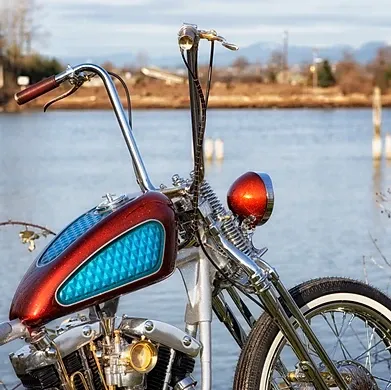 A red and blue motorcycle is parked in front of a body of water